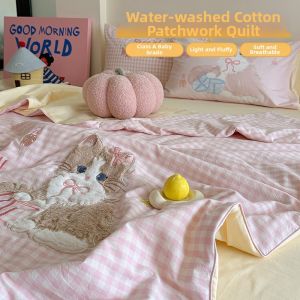 BEIPIN | Cute Cat Summer Washed Cotton Lightweight Quilt