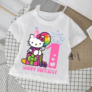 Bandai | Hello Kitty Birthday Number T-shirt Short Sleeve Tee Summer Kids White Top Clothes Girls T-Shirts Children Cotton Cute T Shirt