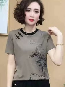 2024 Summer New Arrival Elegance Retro National Style Buckle round Neck Light Diamond Bamboo Forest Pattern Short Sleeve T-shirt Womens Base
