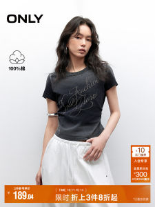 Only2025 Summer New Gradient Washed Attention-Grabbing Rhinestone Patch Slimming Pleated Pure Cotton Short Sleeve Womens T-shirt