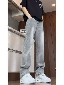 Elastic Cement Grey Mens Jeans American Vintage Style Straight Flare Pants