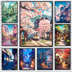 Jigsaw Puzzle 1000PCS Traditional Japanese Street With Sakura Trees And Colorful Houses For Adults Stress Relief Relaxing Gift