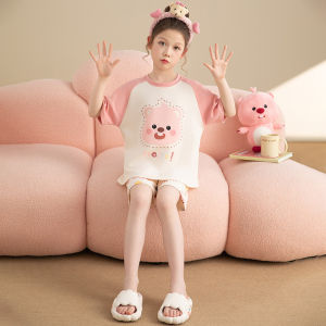 MiiOW | ชุดนอนเด็กผู้หญิงผ้าฝ้ายแท้แขนสั้นบางฤดูร้อน MiiOW ชุดสามชิ้น ชุดอยู่บ้าน ลายดอกไม้ คอกลม แขนสั้น สำหรับเด็กและวัยรุ่น