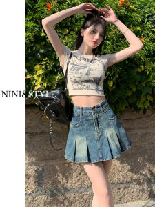 Váy Ngắn Denim Xếp Ly Chữ a Cạp Cao Cho Nữ Mùa Xuân Hè 2024 Váy Ngắn Cotton Polyester Có Nút Và Khóa Kéo