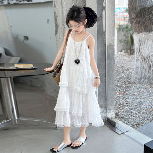 Girls Summer Dress Strap Beach Vacation White Cake Skirt Child Age 4-17 Years Old Korean Style Soft Material Machine Washable