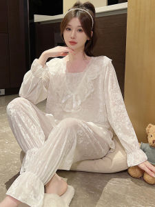 Bộ Đồ Ngủ Lụa Nhung Đính Kim Cương Sang Trọng Cho Nữ Mùa Thu Đông Váy Dài Tay Dài Quần Dài Mềm Mại Thoải Mái