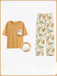 MiiOW | Bộ đồ ngủ cotton mùa hè cho nữ Áo chui đầu cổ tròn dài tay quần dài thoải mái thoáng khí có đệm ngực Bộ đồ mặc nhà