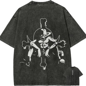 Bandai | Ace T Shirt One Piece Whitebeard Pirates Vintage Acid Wash Streetwear Retro Japanese Anime Graphic 2026 New 100%Cotton Tees