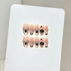 10pcs Handmade Fake Nails Middle Oval Ink-drilled sweet berries Press On Nails False Nails French Powder penetration design