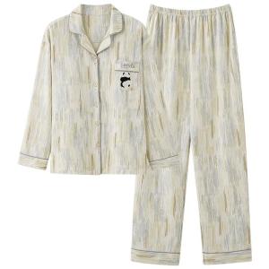 Miiow | Loose Long Sleeve Womens Sleepwear Set With Chest Pad Autumn Winter Home Clothes Cotton Polyester Blend Comfortable Lightweight