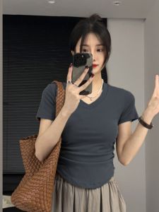 Modal Pleated V-neck T-shirt Slim Top Short Sleeve