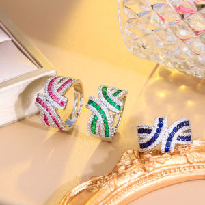 SEQUITO Fashion Women Cross Parallel Open Cuff Adjustable Ring Paved Red Green Blue AAA CZ Zirconia Crystal Personal Finger Jewelry for Dancing Nightclub Bar SR126