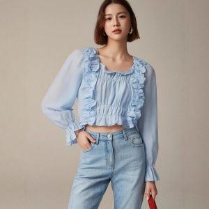 เสื้อเชิ้ตแขนยาวผู้หญิง Pure Cotton ทรงเข้ารูปสไตล์เกาหลี ปักลายดอกไม้ ทรงเข้ารูป ฤดูใบไม้ร่วง 2024 เสื้อเชิ้ตสไตล์ฝรั่งเศส