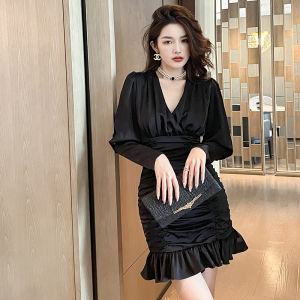 Hebe Style Luxury Long Sleeve Fish Tail Short Skirt Womens Slimming Bodycon Mini Dress Covering Meat Wrap around Dress New Model