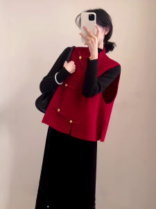 New Red Chinese Style Jacket Womens Outerwear Spring 2025 Commute Loose Fit Cotton Single Button Pure Color Long Coat