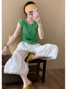 YUEZHONGWEI | Green Ice Silk Knitted Short Sleeve T-Shirt Women Summer Early Spring Dopaamine Slim Fit Drawstring Top Korean Style Commute