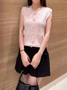 Sweet Style Knitted Sweater Vest Pearl Button round Neck Sleeveless Cardigan Backless Normal Length Pure Color Spring Fashion