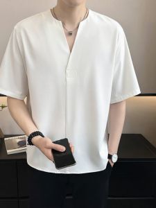 New Chinese Style Summer Ice Silk mid Sleeve Shirt Mens Fashionable Brand Casual Wear Straight Cut Five-Quarter Length