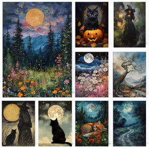 5D DIY Full Drill Diamond Painting Kit Beautiful Witch Magical Black Cat Pumpkin Full Moon For Living Room Home Wall Decor Gift