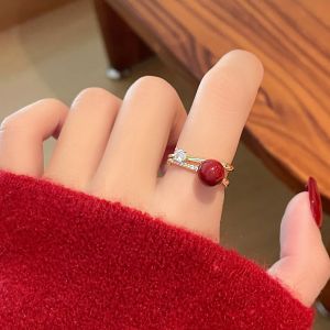 Retro Open Ring for Women Pearl Red Unique Design Luxury Feel Finger Accessory Fashionable Jewelry Index Or Ring Finger