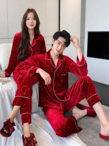 Red Birth Year Couple Pajamas Autumn and Winter Men Long Sleeves Wedding Wedding Heart Gold Velvet Homewear Suit