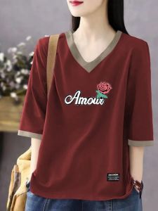 Pure Cotton Short Sleeve V-Neck T-Shirt Womens Loose Summer Slimming Large Size Ladies Age-Defying Mid-Sleeve Top