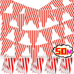 Dizoey 50M Red White Striped Pennant Triangle Flag Carnival Theme Parties Banner Birthday Decoration Bunting Hanging Decor Supplies