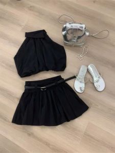 Fashionable Summer Two-Piece Set for Women Black Strapless Crewneck Top and Short Skirt Ideal for Young Girls Age 18-25