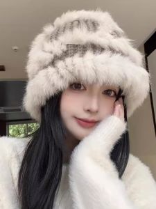 Pom Pom Knitted Woolen Hat Womens Winter Fashion Small Face Rabbit Fur Fisherman Cap Casual Style round Top No Brim Hat