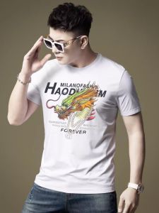 Summer Thin Short Sleeve T-Shirt Mens Fashionable Casual Half Sleeve Body Shirt Geometric Pattern Print round Neck Cotton Blend