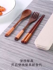 【K-Home】3-Piece Set Korean Wooden Cutlery Tableware Fork Spoon Chopsticks Solid Wood Long Handle Portable Cutlery