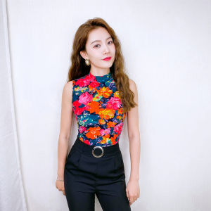 Summer Womens Halter Neck Slim Fit Vest Top Sleeveless Inner Wear Floral Print Tank Top Polyester Fabric Original Design