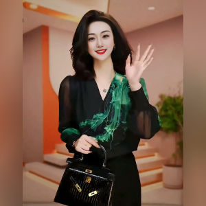 เสื้อเชิ้ตคอวีแขนยาวพิมพ์ลายดอกไม้ทรงเข้ารูปหลวมๆ หรูหรา เสื้อเชิ้ตผู้หญิงสไตล์เกาหลี ผ้าไนลอนผสมโพลีเอสเตอร์ ฤดูใบไม้ร่วง 2024