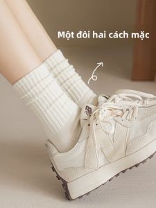 JIAZINI | Tất cotton dài đến bắp chân màu trắng cho nữ mùa thu đông thường ngày thoáng khí thấm hút mồ hôi phong cách Nhật Bản Hàn Quốc