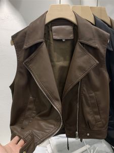 European Goods V Neck Large Lapel Short Leather Jacket Vest for Women Spring and Autumn Stylish Sleeveless Zipper PU Leather Niche Style Vest