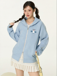 Gbiaior | Loose Zipper Hoodie Sweater Casual Blue