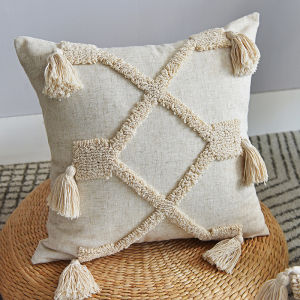 Tufted Cotton Tassels Beige Cushion Cover 30x50cm 45x45cm Nordic Style Geometric Pattern Throw Pillow Case Handmade For Home Sofa Living Room Decoration