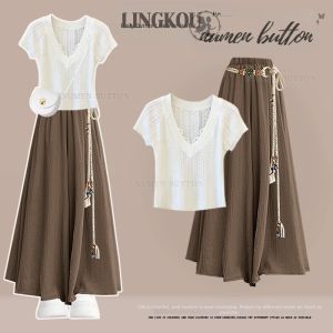 NUMEN BUTTON | Age-reducing Slimming French Short Sleeve Top A-line Skirt Set