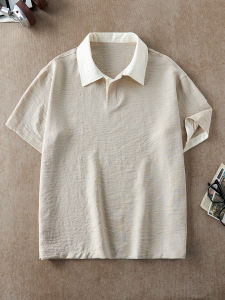 OUMULONG | Vintage Style Linen Ice Silk Simple Loose Cool Feeling Polo Shirt Color Block