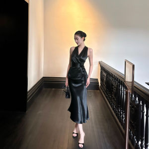 V-Neck Off-Shoulder Tie Acetate Satin Sleeveless Halter Top Irregular Fish Tail Skirt Set