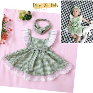 Váy Caro Xanh Bạc Hà Bé Gái 4 - 28kg Chất Đũi Xốp Mềm Mại Phối Ren [V503]
