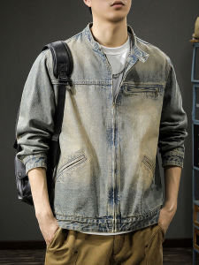 Retro American Washed Denim Jacket Mens Short Stand Collar Autumn Winter Casual Jacket Trendy Cotton Polyester Blend