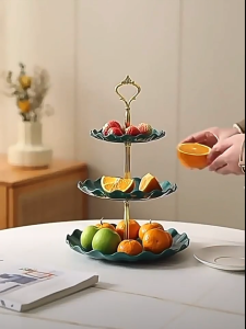 Rak Kue Buah 3 Susun Meja Pesta Plastik Fruit Cake Plate Stand Display / Rak Makanan 3 Tingkat Plastik PP Anti Air Piring Kue