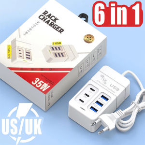 6-IN-1 35W Type C USB Power Strip Charger Station 6 Ports 3PD Fast Charging Plug Adapter US/UK Phone Wall Chargers for iPhone Samsung Quick Charger