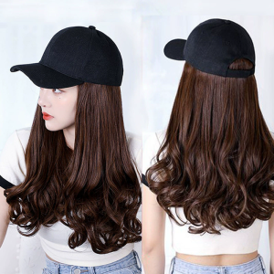 Newest Fashion Hat Hair Extensions Long Ladies Curly Wavy Hair Wig Hat Connected Head Cover Synthetic Peaked Cap Wig For Women