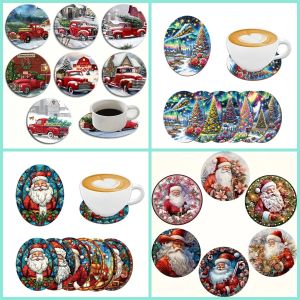 6/8 Pieces of round Coaster Santa Claus car theme Pattern wooden Material suitable for Coffee shop Desktop Decoration