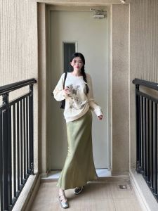 Elegant French Style High Waist A-Line Fish Tail Skirt Womens Spring Summer New Arrival Slimming Drapey Satin Half-length Skirt