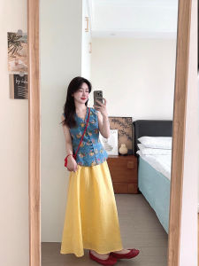 XUECAIQI | Summer Oversized Chinese Vintage Embroidered V-Neck Vest Top & Skirt Set