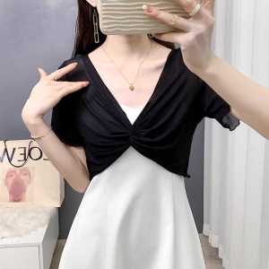 เสื้อคาร์ดิแกนแขนสั้นผ้าตาข่ายลูกไม้สำหรับผู้หญิงในช่วงฤดูร้อน เสื้อคลุมกันหนาวแบบบาง ทรงเข้ารูป คอวี แขนปกติ ความยาวสั้น