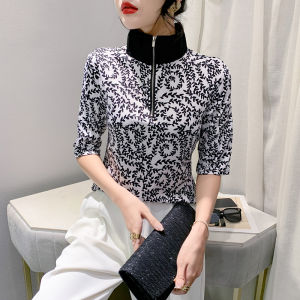 Rehin cổ cao Áo thun in da báo thường xuyên Áo Sơ Mi Ngắn Tay Knit đi lại đa năng cơ bản Áo cánh nữ